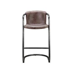 Modern industrial bar stool with top-grain brown leather seat and curved iron frame in dark finish