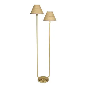 Polly Natural Brass Floor Lamp with two woven rattan shades and asymmetrical brass base