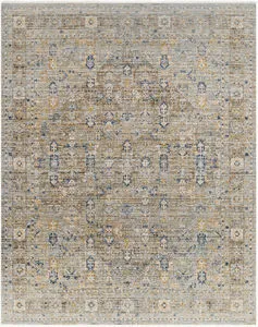 Ren Dark Brown Machine Woven Rug with muted traditional pattern in blue, beige, and brown shades, no pile design
