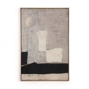 Abstract painting with layered muted gray background, three off-white patches, and a wide black horizontal band at bottom