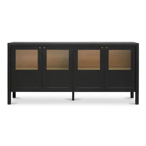 Hannah sideboard with black solid pine frame, oak veneer panels, glass doors, slender dowel legs, bronze hardware