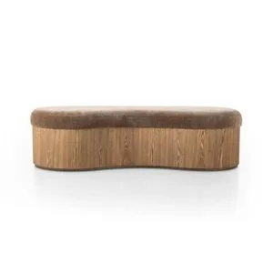 Kidney-shaped Celeste Accent Bench with a toasted ash veneer base and soft brown velvet seat cushion