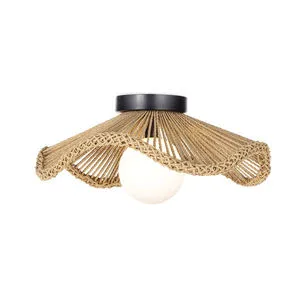 Ceiling flush mount light with twisted rope shade and white glass globe center in a wavy braided edge design