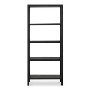 Tall black Nolan bookcase with open shelves and beveled edges, rectangular frame for versatile storage and display