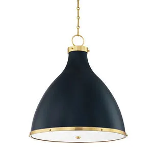 Large pendant light with matte black curved shade and brass metal accents hanging from a brass chain