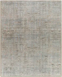 Darling Olive machine woven area rug with irregular vintage-inspired geometric and floral pattern in muted olive and beige...