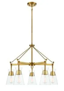 Lakewood 5-light chandelier with warm brass finish and clear conical glass shades in midcentury modern style