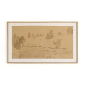 Landscape painting on vertical grain white oak with muted earth tones depicting rural southern hill scenery