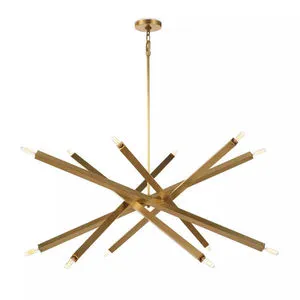Wide side view of chandelier with horizontal intersecting arms and central vertical rod