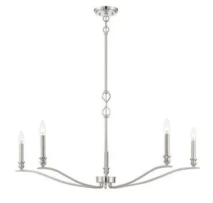 Meredith 5 light chandelier with polished nickel finish and long curved arms, 42 inches wide