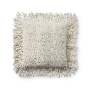Ivory 18x18 inch Aubrey Pillow with wool-cotton textured fabric and decorative fringe edges