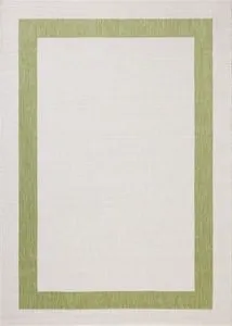 Rectangular indoor/outdoor rug with ivory center and green border, subtle textured weave