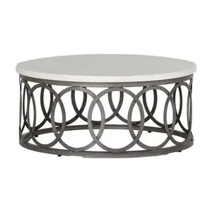 Round 36-inch outdoor coffee table with white solid top and dark aluminum frame featuring large interlocking circle pattern