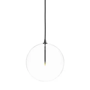 Single clear glass globe pendant light with black rod and cord suspended vertically