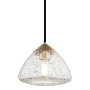 Maya 1 Light Pendant with clear crackled glass shade and brass top, suspended by a black cord