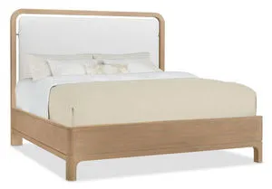 King size Banyon Bay panel bed with sunbleached leather upholstered headboard and desert oak finish frame