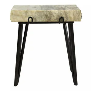 Alpert accent table with rough-edged natural marble top and minimalist black iron base
