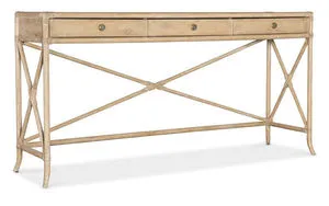 Retreat Pole Rattan Console in sand-colored Dune finish with three drawers and X-design stretchers on sides and back