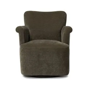 Dark brown Camellia Swivel Chair with sweetheart back and slightly rolled arms in plush upholstery.