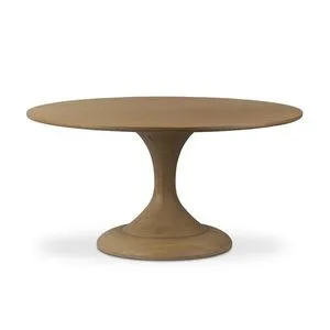 Round Eastman dining table in light weathered oak veneer with tulip pedestal base and step detailing.
