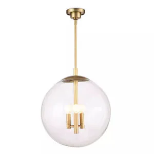 Cafe Pendant Medium with clear glass globe shade and natural brass metal rod and arms, three light bulbs inside