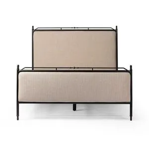 Leyla Bed with antique black iron frame and padded linen headboard and footboard in French ticking stripe pattern