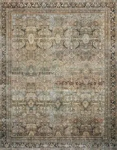 Traditional 9x12 olive and charcoal vintage-style rug with intricate worn floral and geometric patterns.