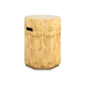 Octavia Lacquered Burl Geometric Side Table with octagonal shape, burlwood veneer, and brass-accented base