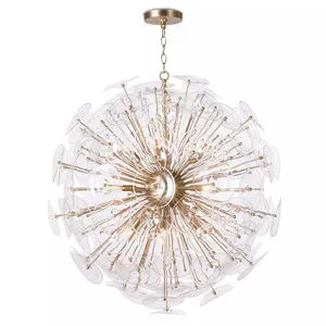 Sputnik-style orb chandelier with clear glass discs and natural brass rods featuring multiple candelabra bulbs