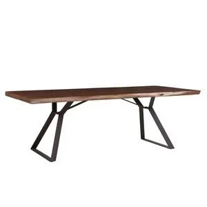 Nottingham Acacia wood dining table with live edge walnut finish tabletop and angled black metal legs