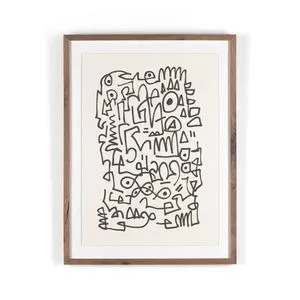 Abstract black line drawing with geometric shapes framed in rustic walnut with white matting