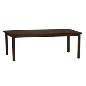 Rectangular outdoor dining table with dark brown aluminum top and straight square legs