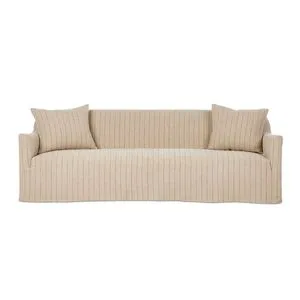 Lowell Slipcover Sofa in beige linen with subtle black vertical stripes, modern minimalist tailored design with two matchi...