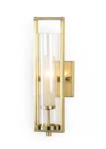Lancaster Sconce in antique brass with rectangular metal frame and clear and frosted cylindrical glass covering electrifie...