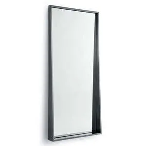 Tall rectangular modern mirror with recessed blackened steel frame and bold edges