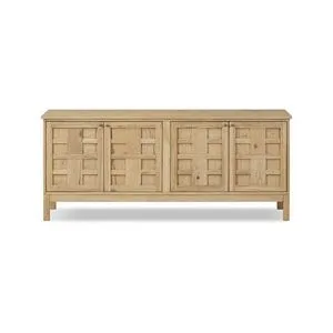 Solid oak Alessio Media Console with light finish, grid-patterned doors, and natural wood grain details
