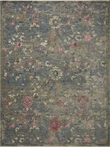 Giada Lagoon Multi Rug with classic floral motifs in muted blue, pink, cream, and red tones on a textured weave.