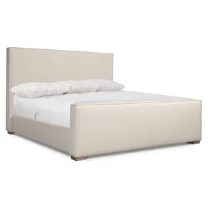 Tribeca panel bed with upholstered headboard, footboard, side rails in beige linen fabric, wood feet in Aurum finish