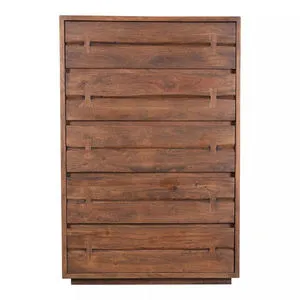 Madagascar chest of drawers with warm brown live-edge acacia wood and five horizontal drawers with wooden pull accents
