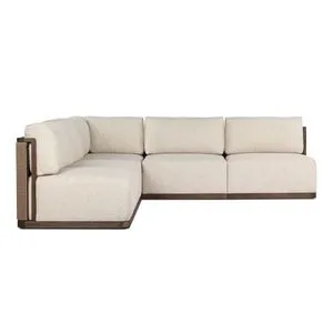 Brio Outdoor 3 Piece Sectional with cream cushions, woven cord back, and FSC-certified teak frame in L-shape layout