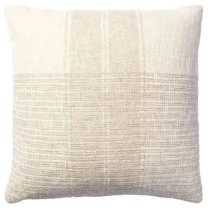 Cream pillow with handcrafted striped plaid design in cream and beige, soft textured fabric