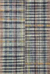 Humphrey Plum / Multi rug with overlapping plaid stripes in muted purples, blues, yellows, and greens with a plush texture