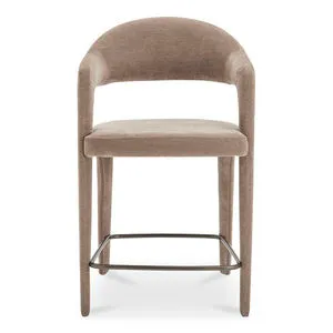Martens counter stool with open barrel back, continuous leg-to-frame curve, padded fabric seat, and metal footrest