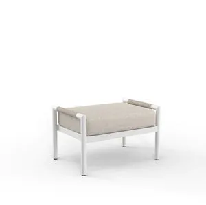 Sabbia Ottoman with satin white aluminum rounded frame and natural colored all-weather rope, topped with plush beige cushion