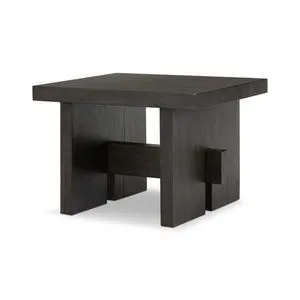Square smoked black oak end table with thick top and block legs featuring joint and connection details