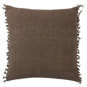 Square solid brown linen pillow with rustic knotted tassels along the edges