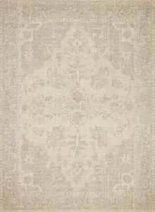 Priya Ivory / Grey Rug flat lay with soft floral and medallion motif in muted ivory and grey shades