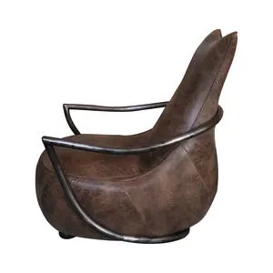 Carlisle club chair with distressed brown leather upholstery and curved industrial metal frame in side profile