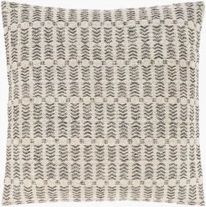 Square charcoal accent pillow with repeating dark zigzag pattern on cream cotton and wool blend fabric