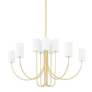 Harlem 10 Light Chandelier with gold steel frame and ten white cylindrical fabric shades arranged symmetrically
